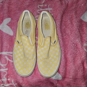 VANS Kids (Size 7) White And Yellow Checkered Slip On Shoes